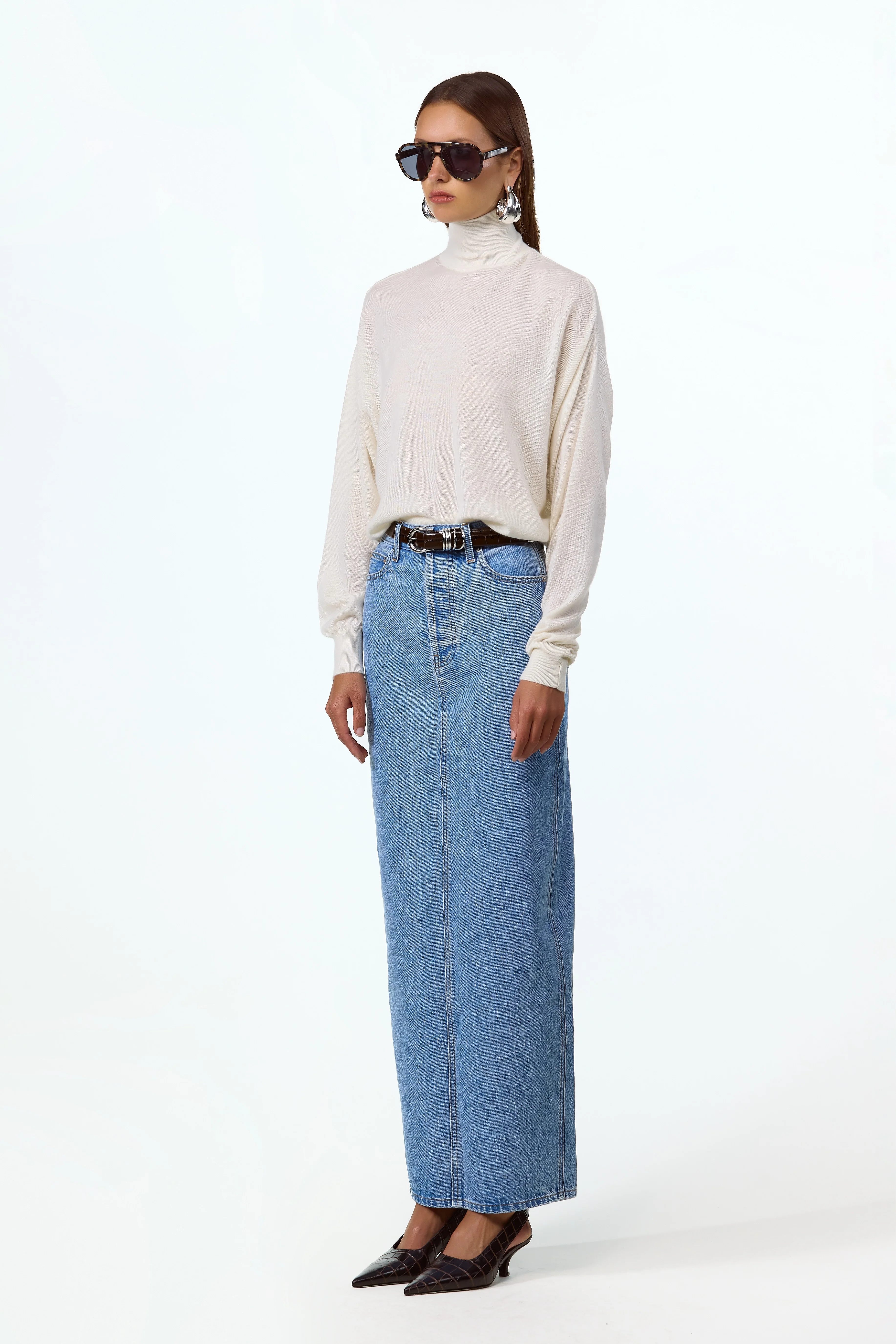 The Denim Pencil Maxi Skirt (Classic Blue)