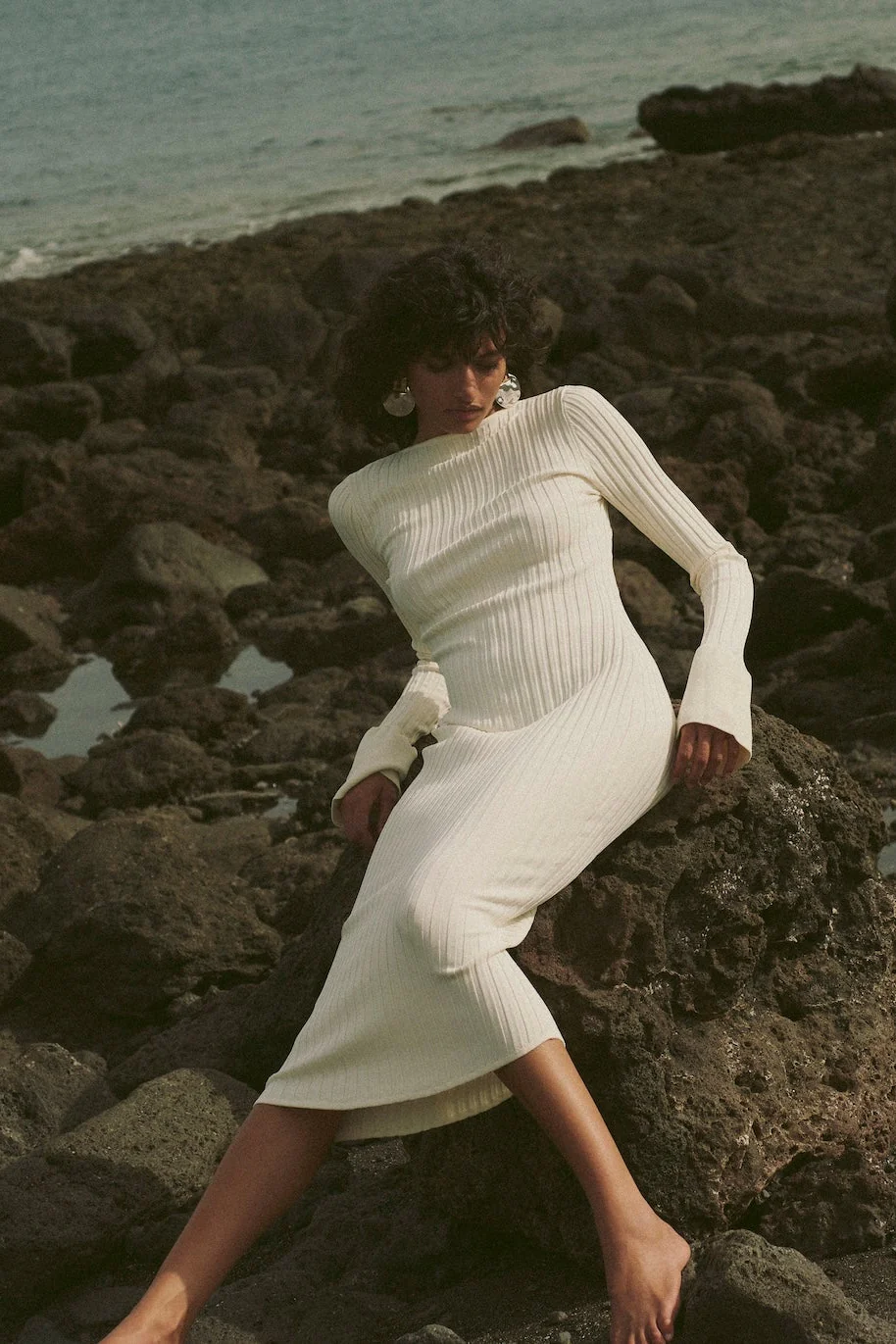 Cuffed Ribbed Knit Dress (Cream)