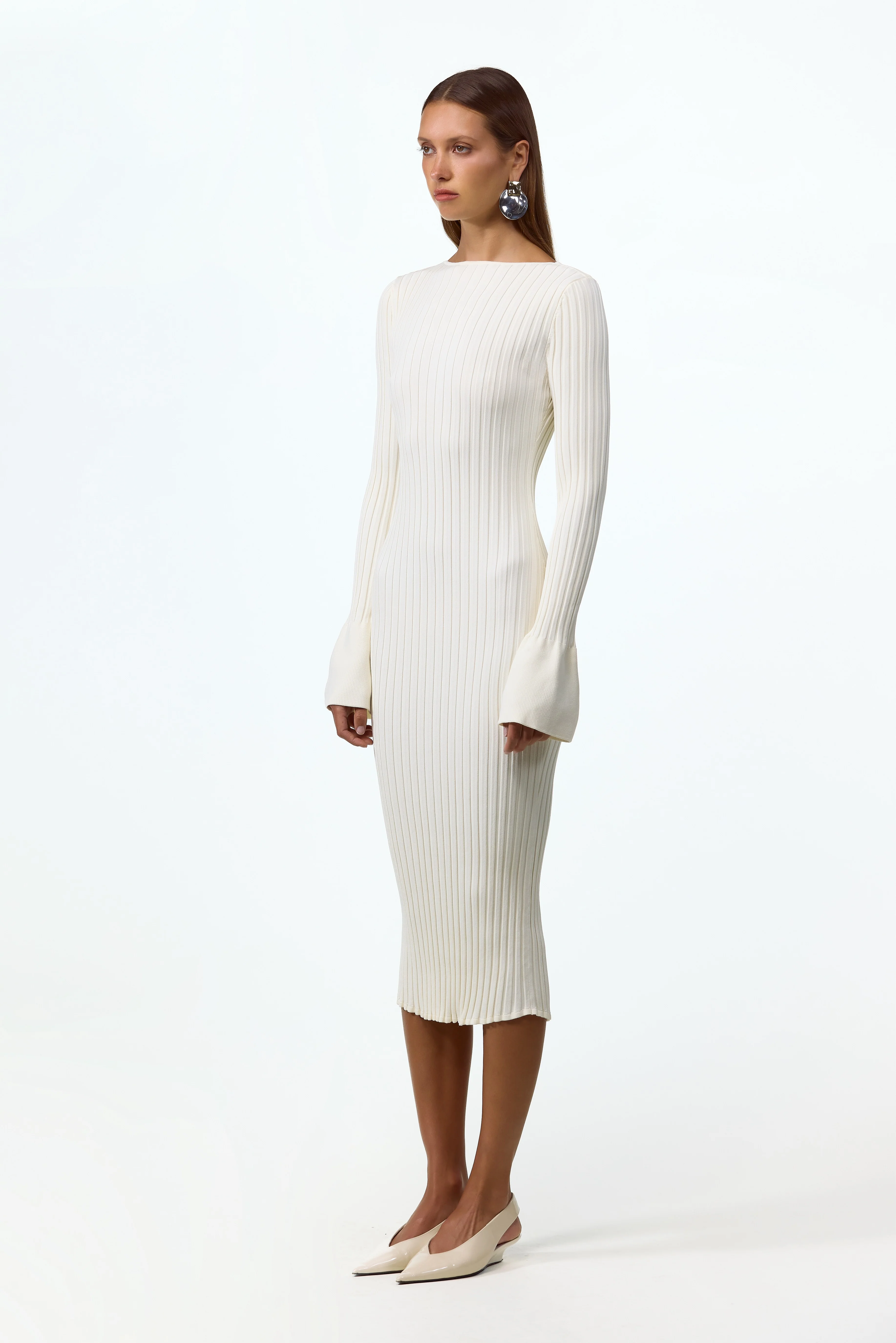 Cuffed Ribbed Knit Dress (Cream)