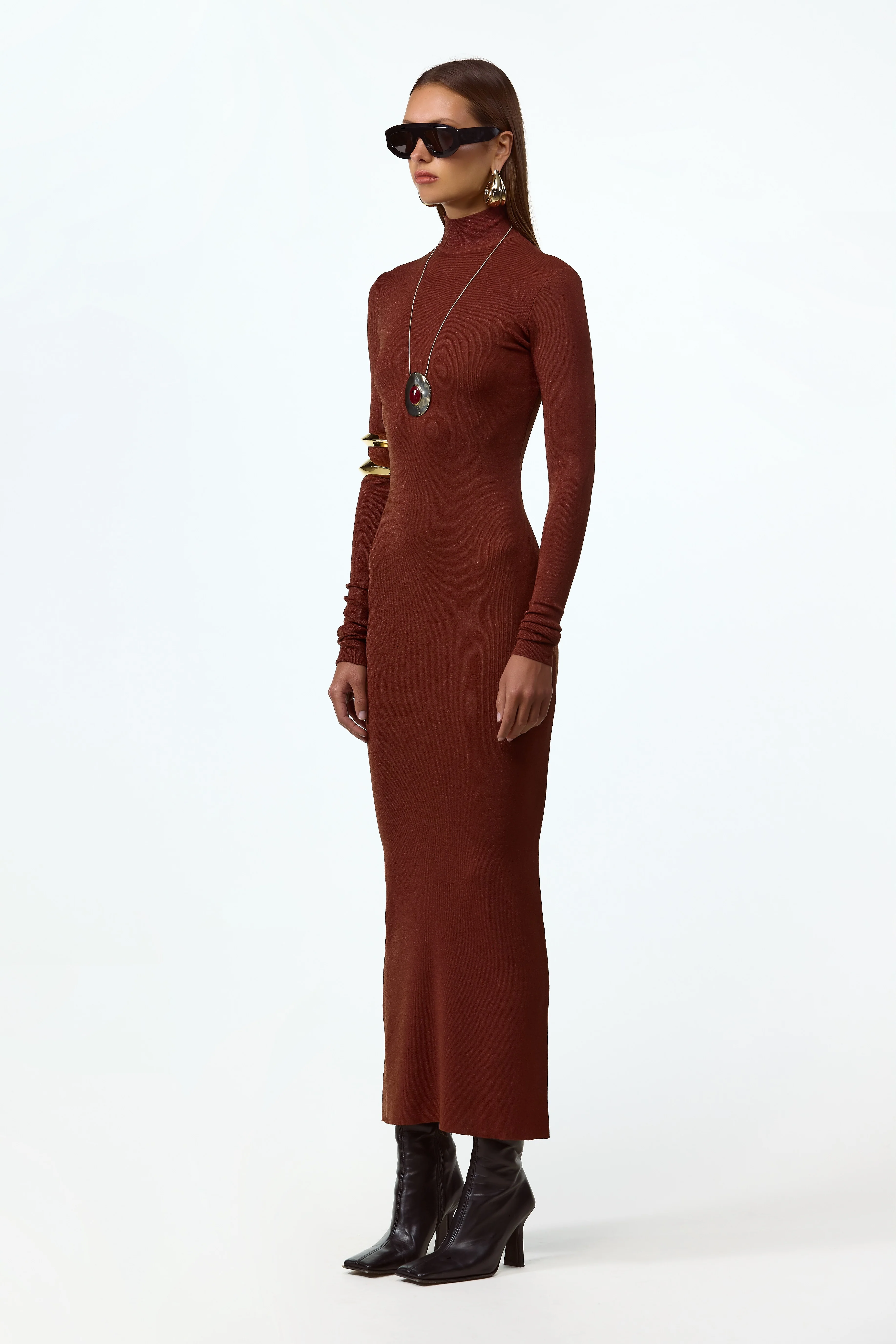 Shimmer Mockneck Dress (Rust)