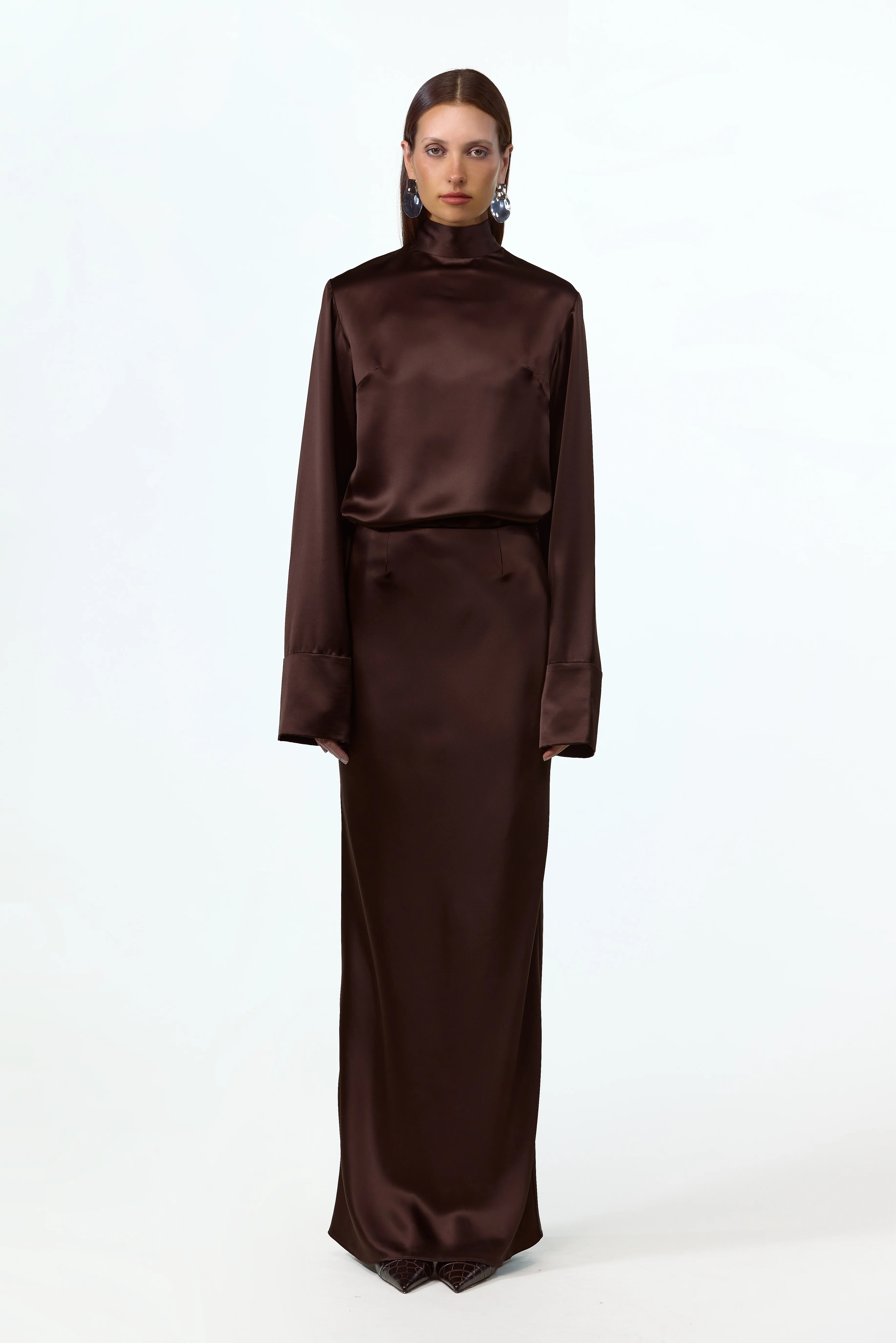Satin Long Sleeve Blouse (Chocolate Brown) 4 Satin Long Sleeve Blouse (Chocolate Brown)