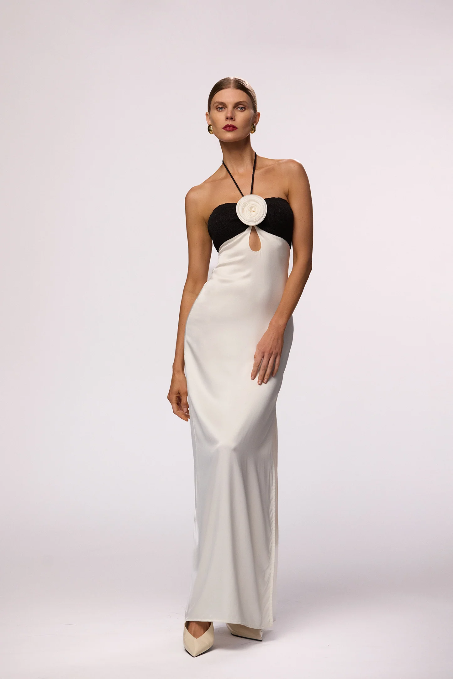 Rosette Silk Dress (Cream/Black)