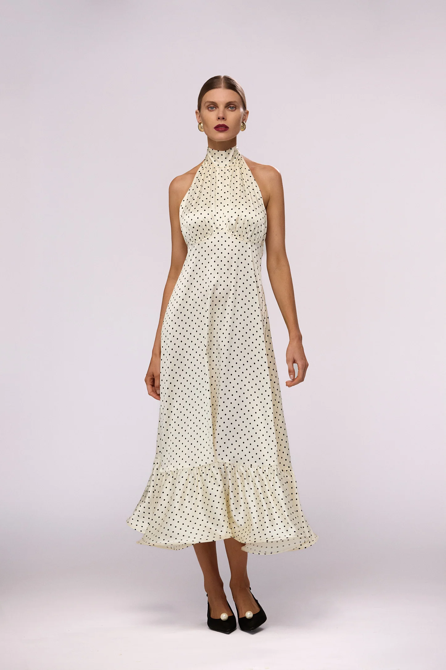 Halter Flounce Midi Dress (Cream Polka Dot)