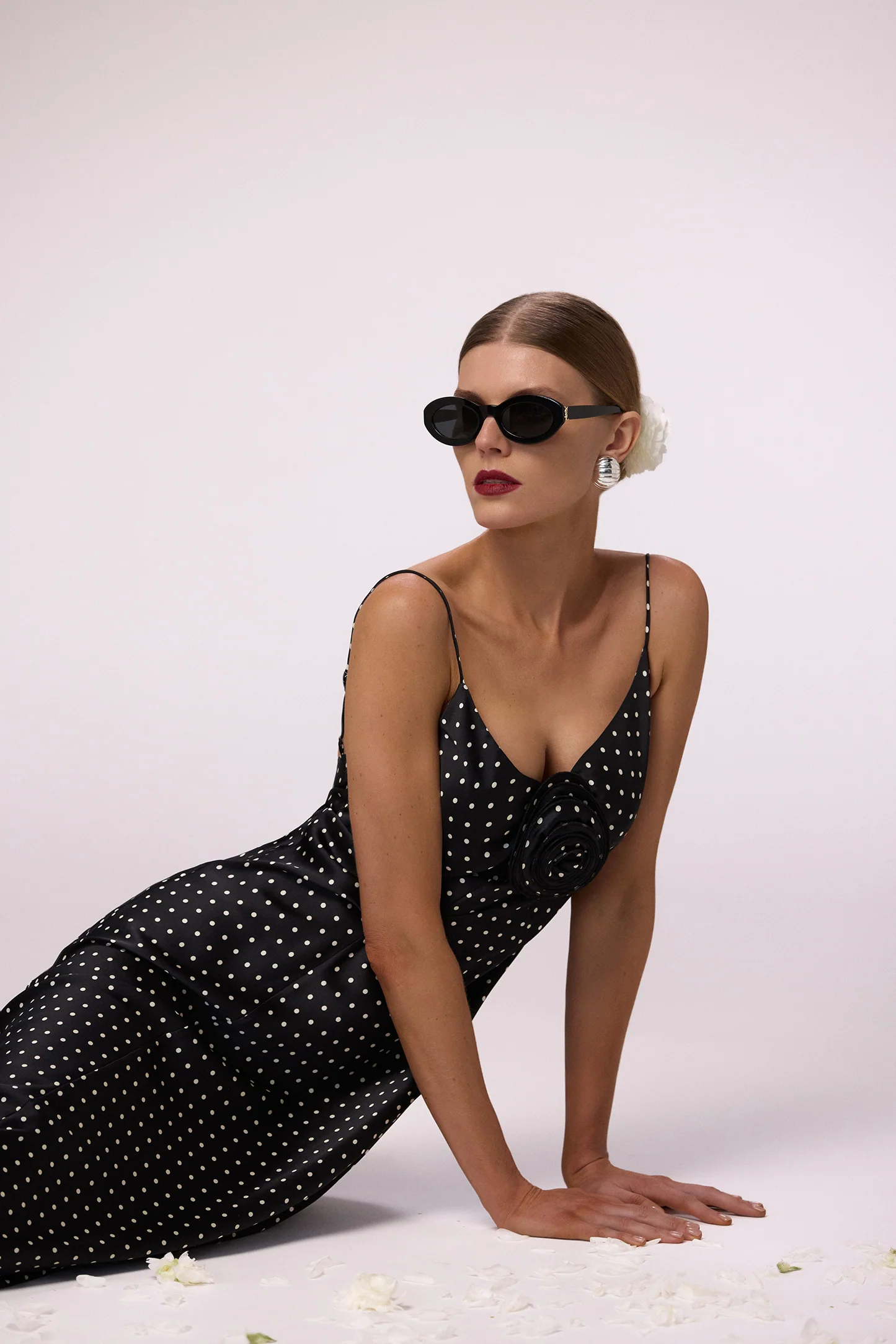 Deep V Rosette Gown (Black Polka Dot)