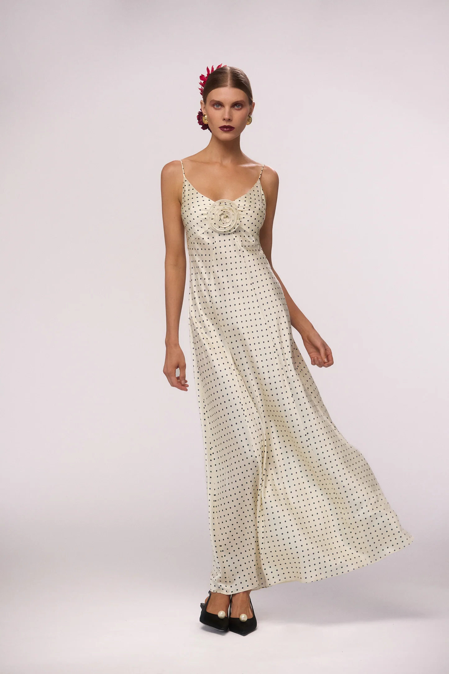 Deep V Rosette Gown (Cream Polka Dot)