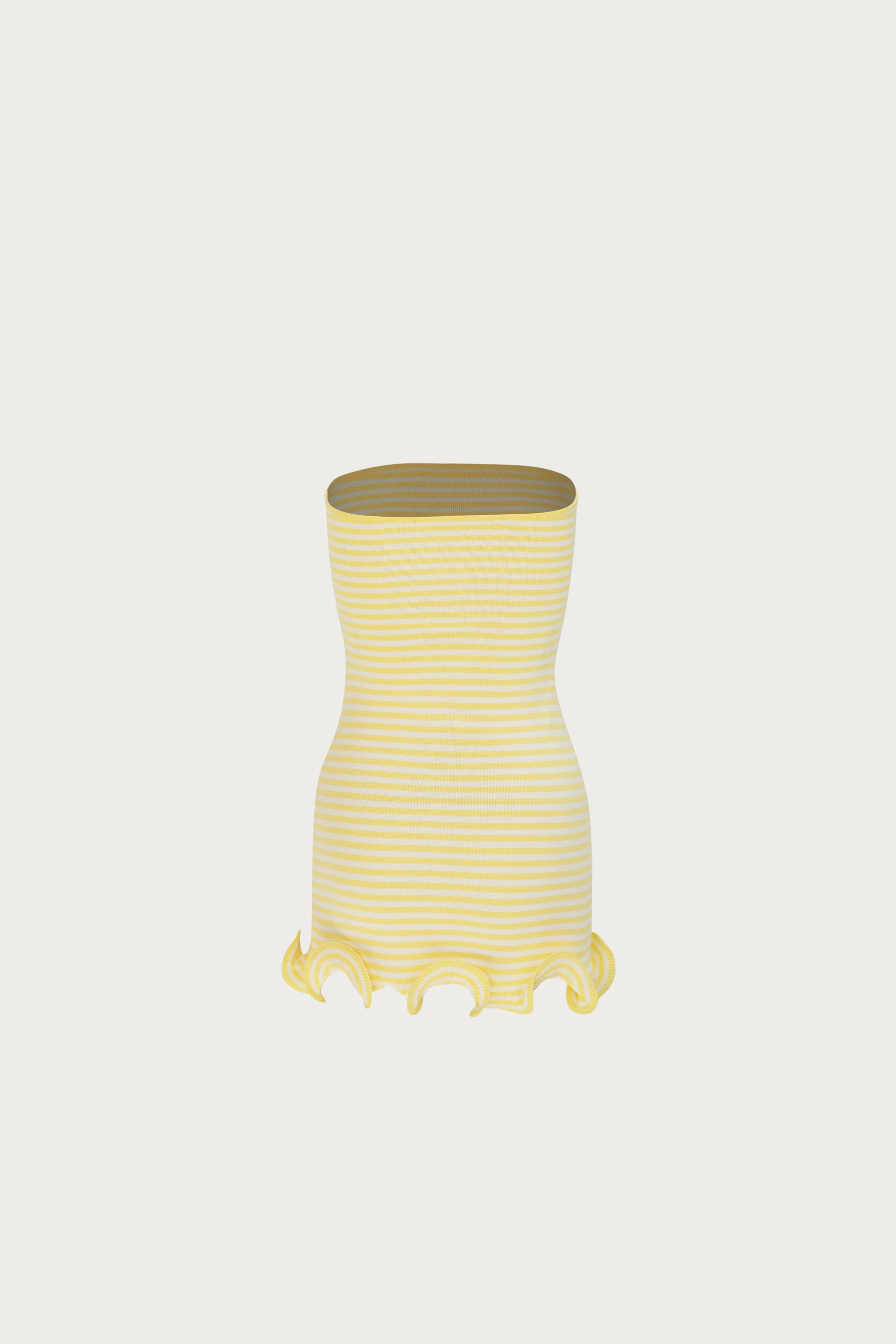 Ruffle Hem Strapless Mini Dress (Butter Yellow Stripe)