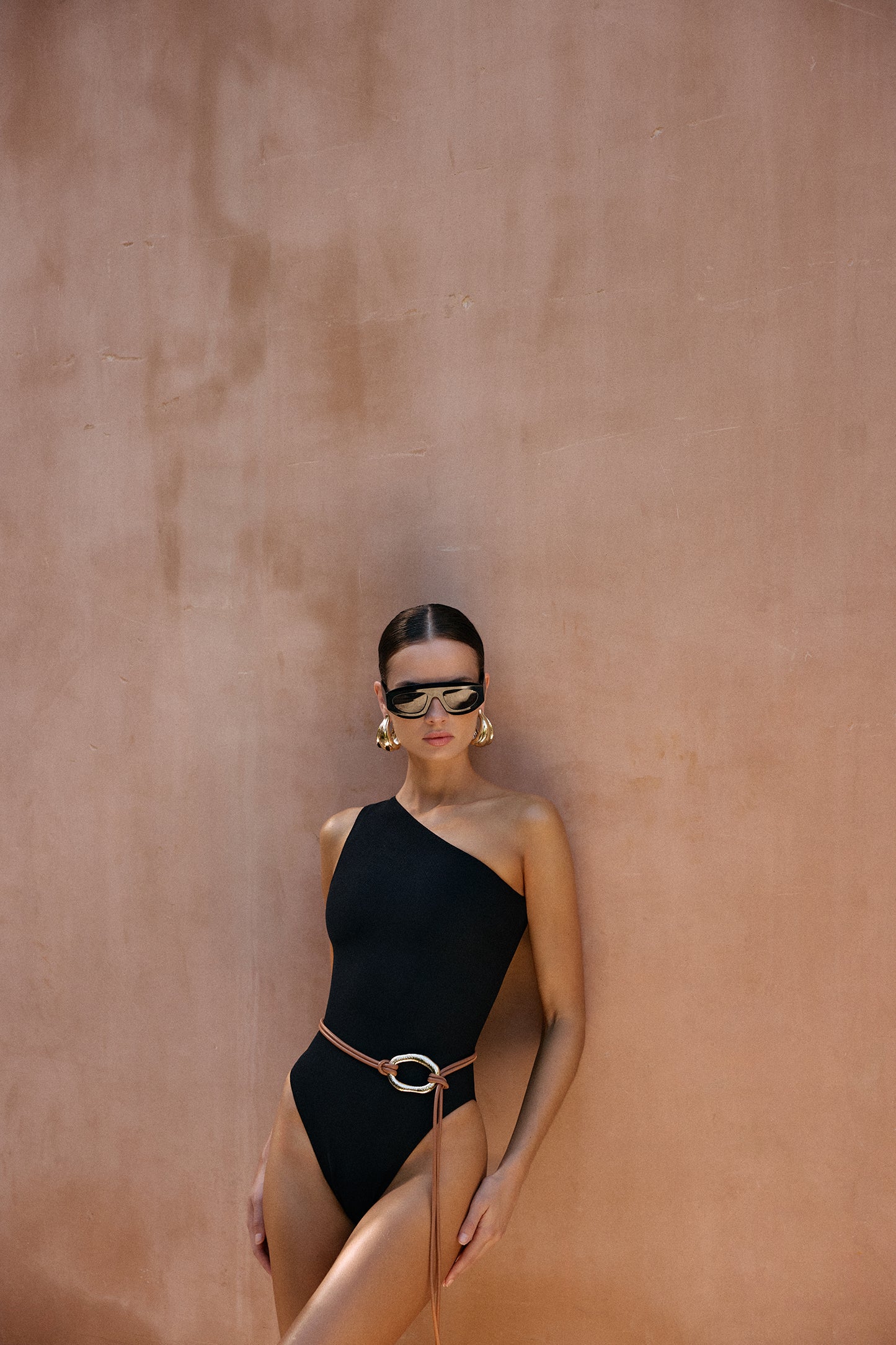 One Shoulder One Piece (Faux Suede Black)