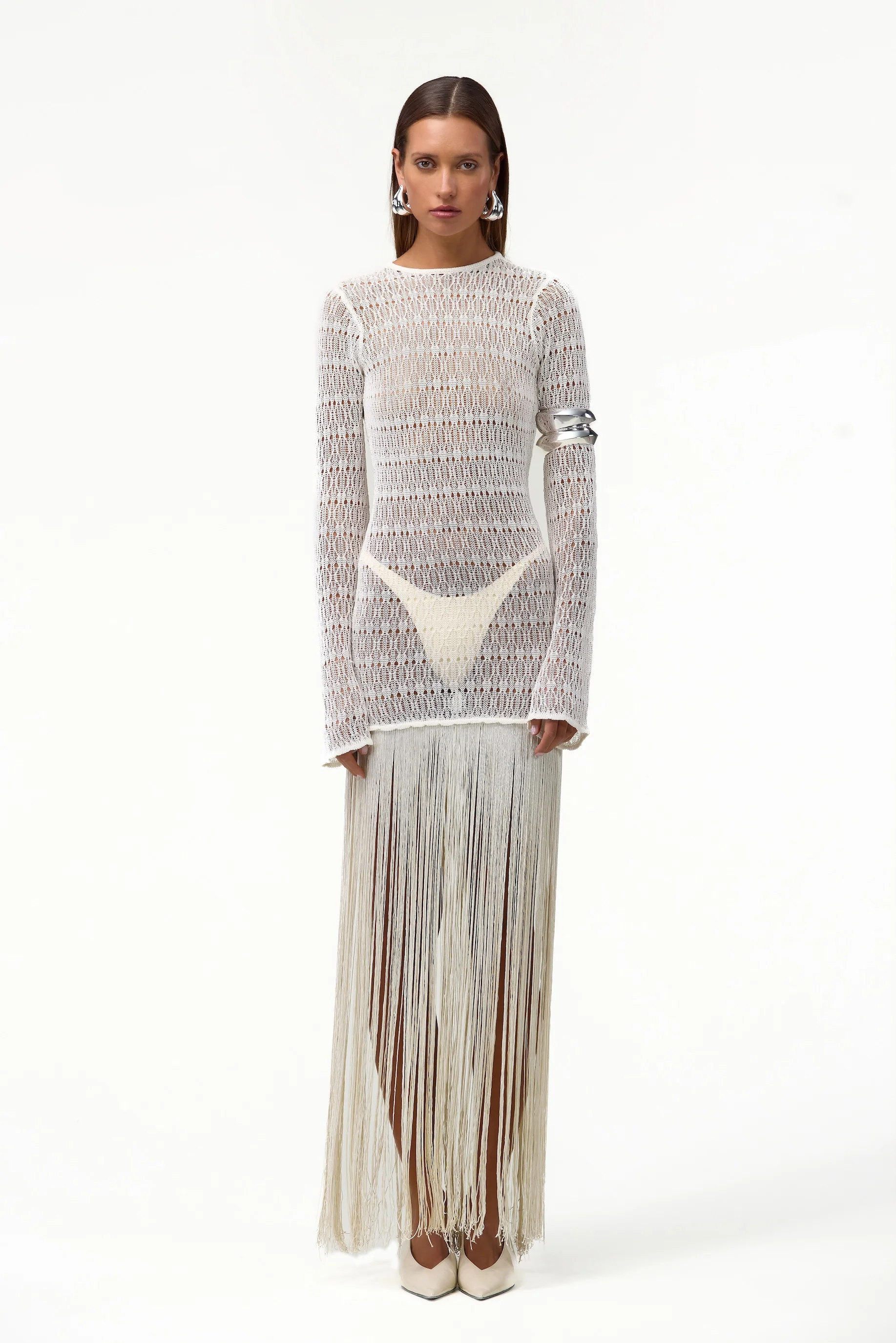 Long Sleeve Fringe Knit Maxi Dress (Cream)