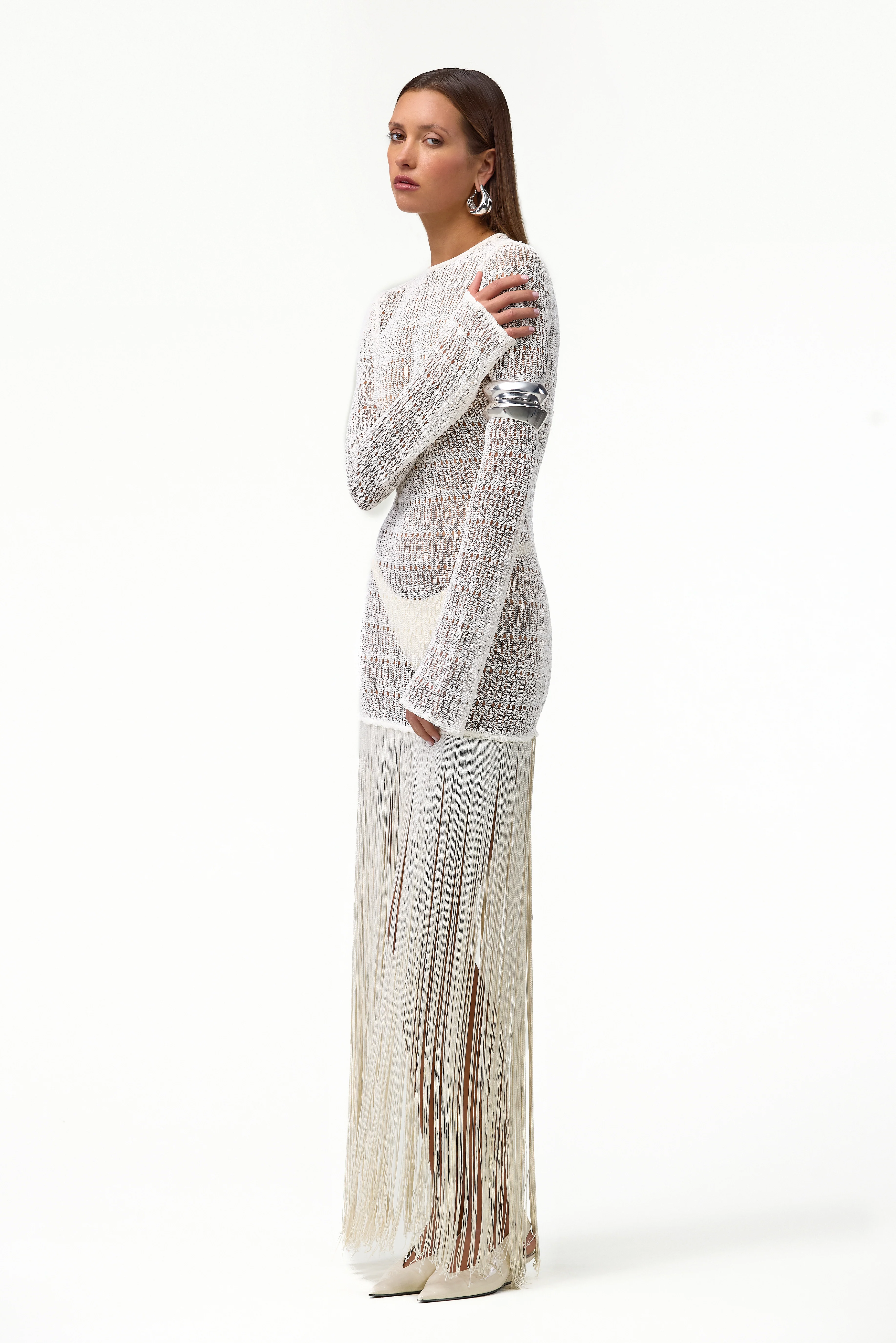 Long Sleeve Fringe Knit Maxi Dress (Cream)