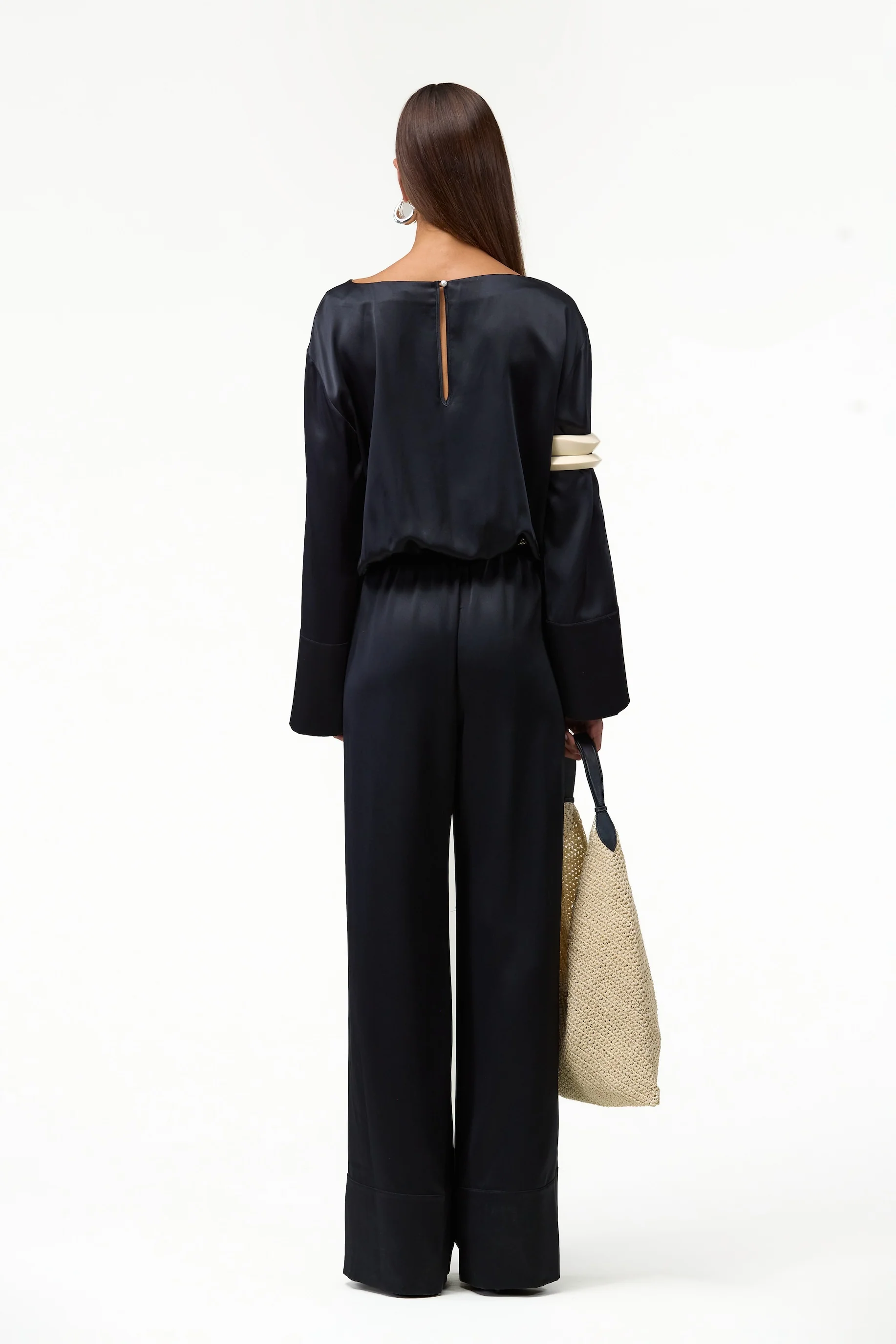 Long Sleeve Silk Jumpsuit (Black)