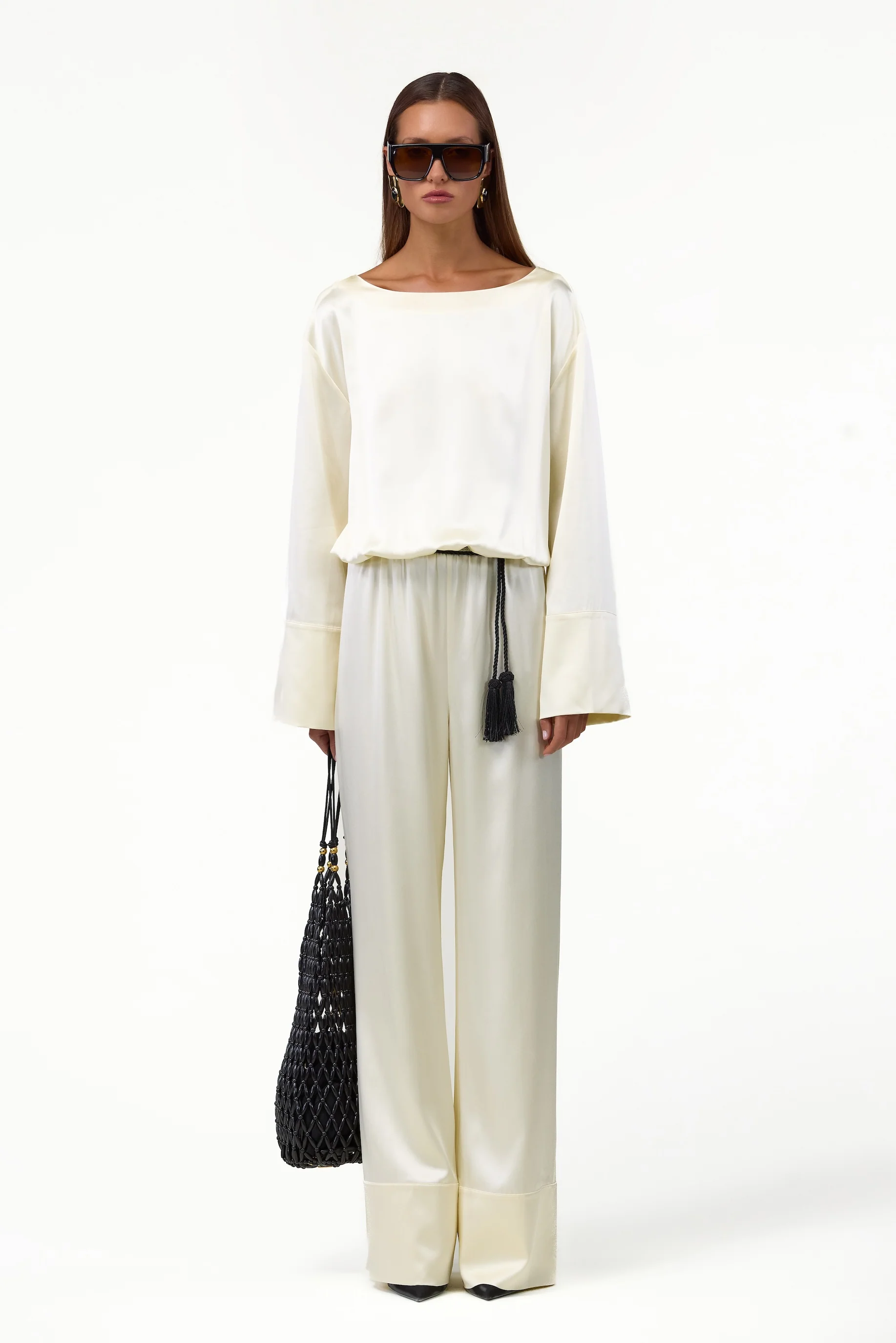 Long Sleeve Silk Jumpsuit (Cream)