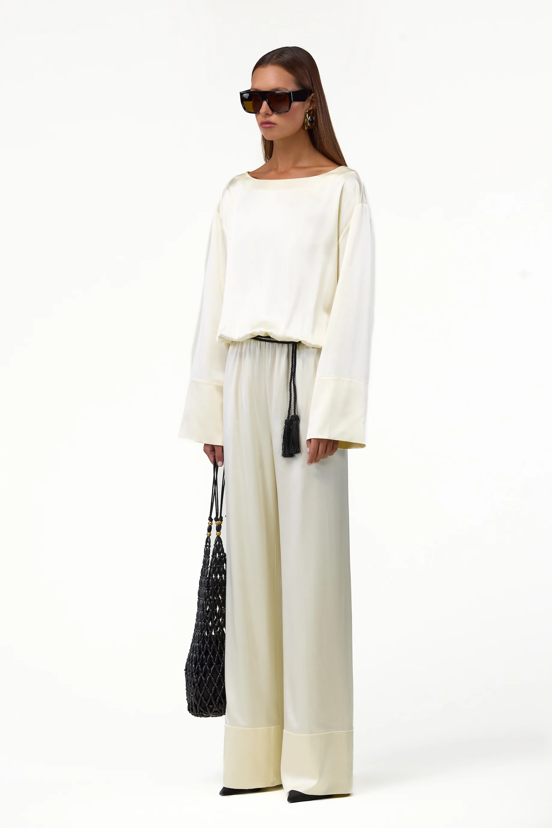 Long Sleeve Silk Jumpsuit (Cream)