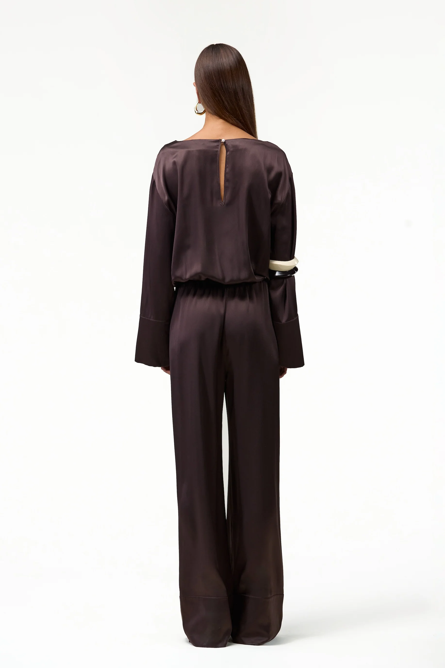 Long Sleeve Silk Jumpsuit (Chocolate Brown)