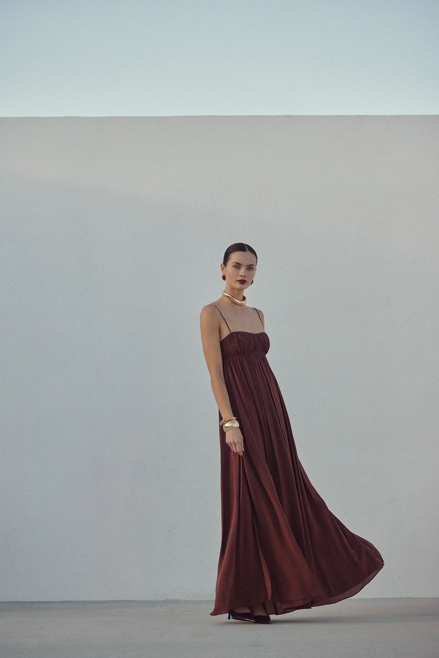 Ruched Chiffon Dress (Chocolate Brown)