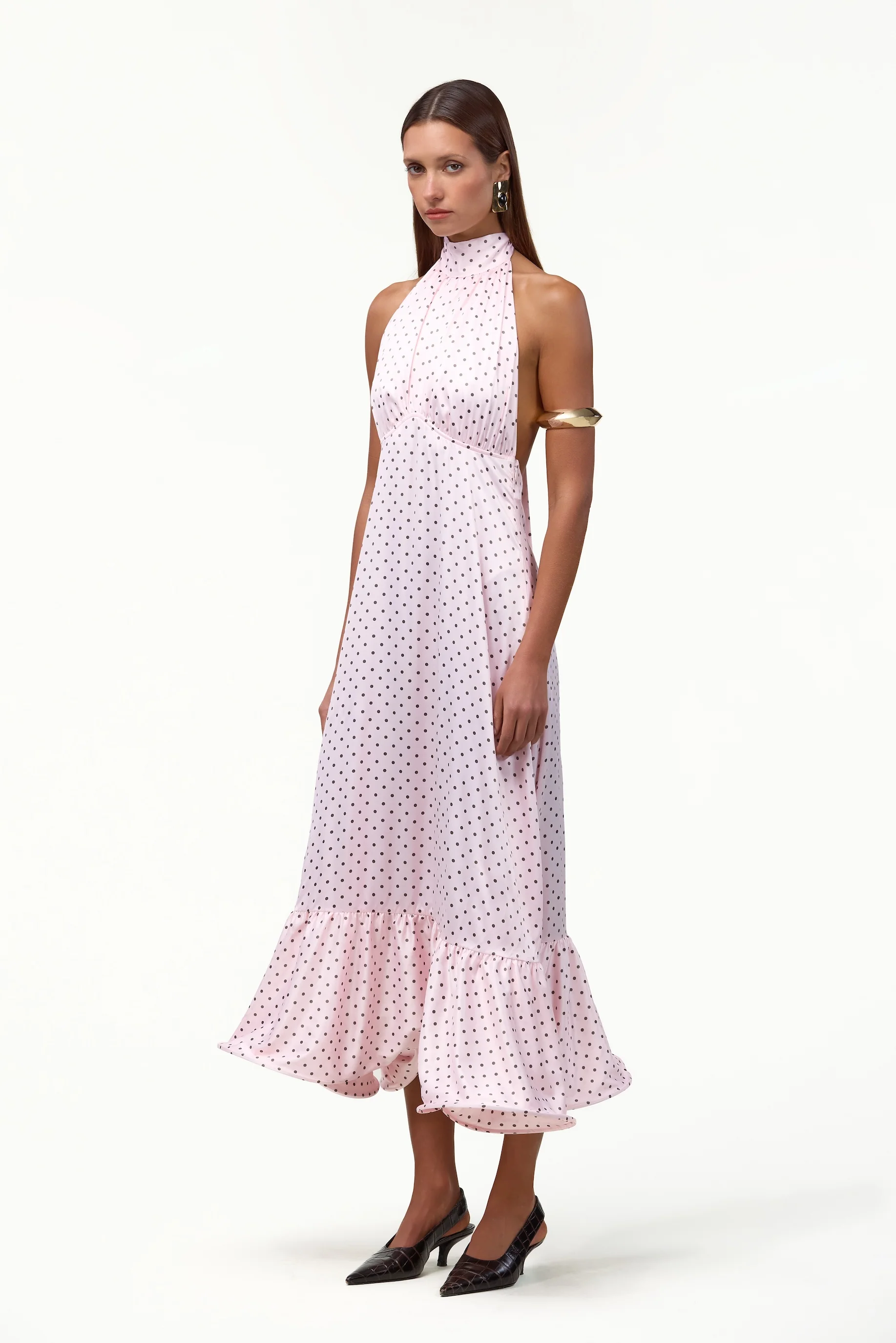 Halter Flounce Midi Dress (Pink Polka Dot)