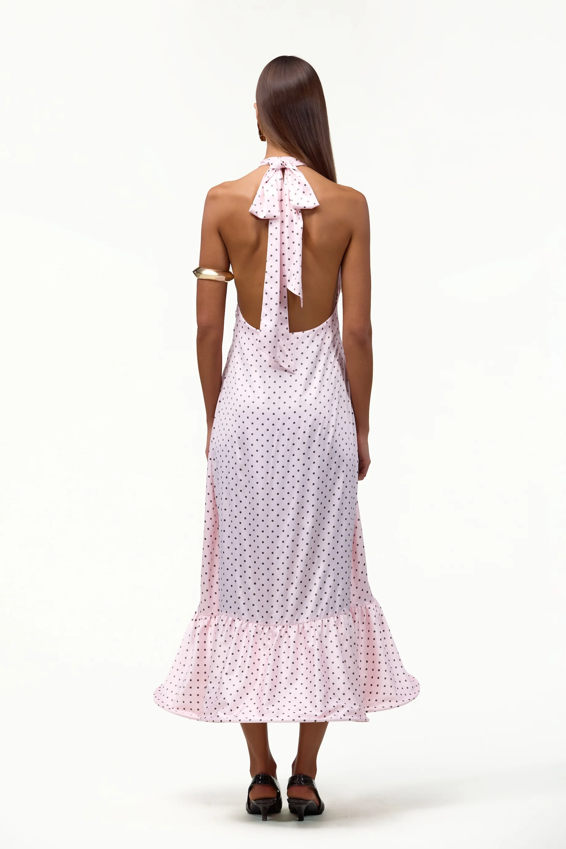 Halter Flounce Midi Dress (Pink Polka Dot)